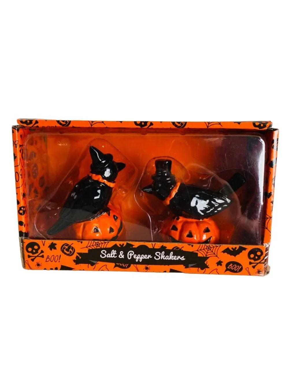 Halloween Black Crows on Jack -o'-lantern Pumpkin Salt & Pepper Shakers Ceramic